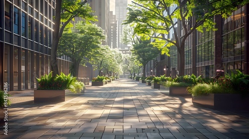 A wide street with trees and plants along the sides of buildings, in a commercial downtown office district, with modern urban architecture and daytime lighting.