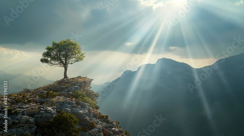 A solitary tree standing tall on a mountaintop, its branches reaching towards the heavens, illuminated by a celestial beam of light