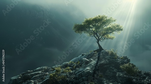 A solitary tree standing tall on a mountaintop, its branches reaching towards the heavens, illuminated by a celestial beam of light