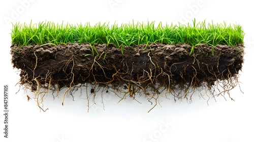 Cutaway of grass and soil, with the underground roots visible in cross-section, set against a white background. nature paths or golf greens on product packaging or marketing materials.