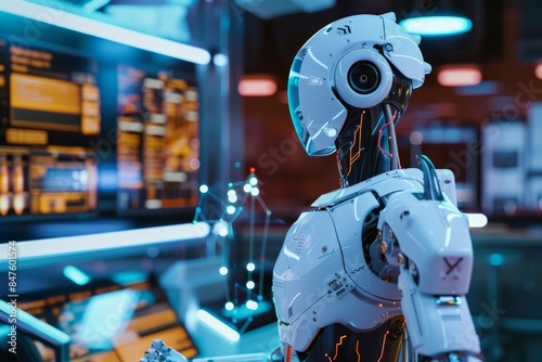 Futuristic robot working in hi-tech control room, focusing on complex data analysis and technology monitoring in a cyber environment.