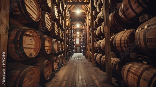 Matured bourbon casks stored in a warehouse.