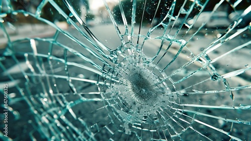 Close-up on a broken car windshield from an accident, capturing the detailed cracks and shattered glass, raw and dramatic