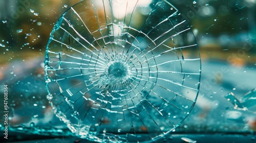 Close-up on a broken car windshield from an accident, capturing the detailed cracks and shattered glass, raw and dramatic