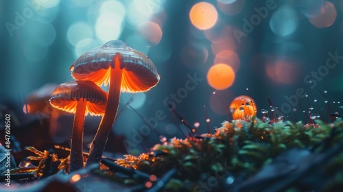 Close-up of mushrooms growing on the forest floor, rich textures and natural lighting, capturing the earthy beauty of the scene