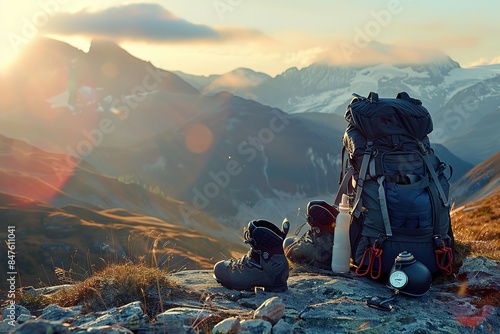 Perfect camping. Close up of boots and rucksack backpack in mountains. Camping explorer equipment footwear concept