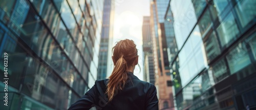 Rear view of a professional woman in an urban setting, surrounded by tall glass buildings, city life