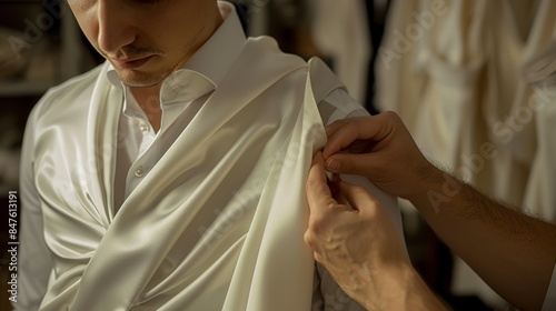 A tailor is carefully sewing a white coat for a customer.