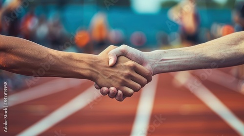 Handshake at a sports event finish line, depicting sportsmanship, captured in dynamic action-shot style