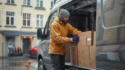 Delivery driver loading packages into a van, urban logistics, last-mile delivery process