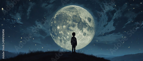 A striking silhouette of a boy framed by the vast, starry night sky, with a brilliant full moon illuminating the scene. The boy stands on a hill, the contours of his figure sharply defined against the