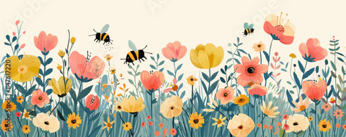 A whimsical enchanted garden with blooming flowers and buzzing bees. Vector flat minimalistic isolated illustration