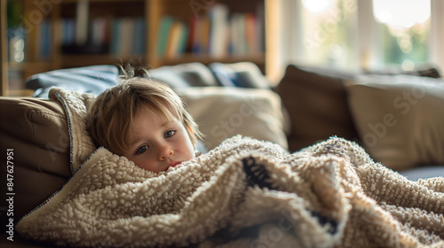 a small child lying on the sofa suffering from Influenza, the child is wrapped in a thick blanket with a pale face and droopy eyes, Ai generated Images