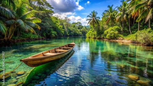 A tropical river with a wooden canoe and a clear water area for text