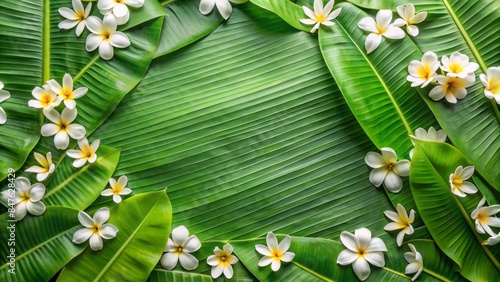 A dense arrangement of banana leaves and white jasmine with a clear area for text