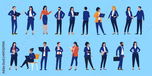 Businesspeople vector collection - Set of business and finance white collar characters standing, using computers, talking and working in flat design illustration with blue background