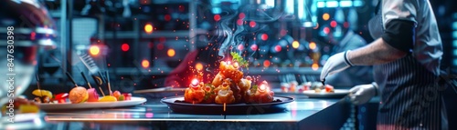 A chef plating gourmet dishes in a modern kitchen, with steaming hot food and meticulously arranged garnishes under a vibrant light.
