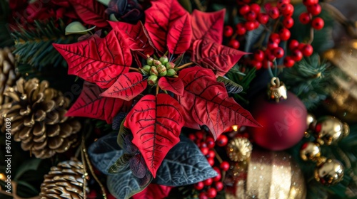 Red poinsettia, pine cones and Christmas ornaments.