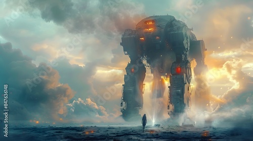 A lone person stands before a colossal mech in a misty landscape, creating a dramatic and awe-inspiring sci-fi scene.