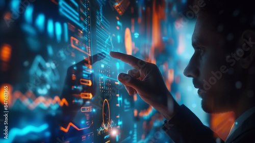 Digital Dynamo: Man Utilizes Holographic Interface for Data Analysis, Steering Trade towards Profitability. A man's hand touches a technological touch screen.