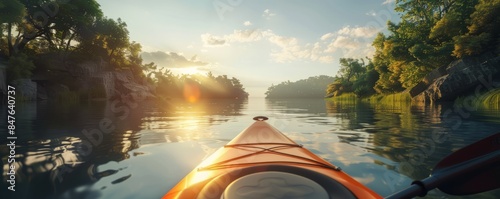 Kayaking adventure along a tranquil river, paddle strokes and nature exploration, 4K hyperrealistic photo.