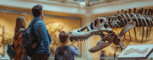 Family visiting an art museum for National Fossil Day, October 16th, learning about ancient history, 4K hyperrealistic photo.