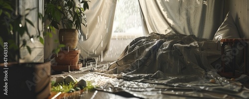 Cozy blanket fort building on a rainy day, imagination and comfort, 4K hyperrealistic photo.