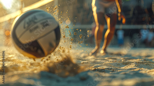 The team plays beach volleyball. A volleyball falls on the sand near the net. A sports competition. An active lifestyle