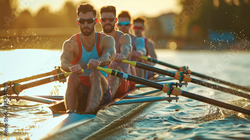 A group of athletic men in sunglasses are rowing and sailing a boat on the water. Rowing competition. An active lifestyle