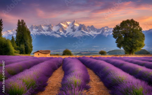 Blooming lavender fields with the Alps in the background, France