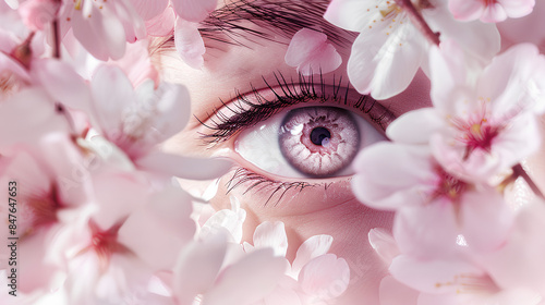 A woman's eye framed in pink flowers. Ophthalmology.