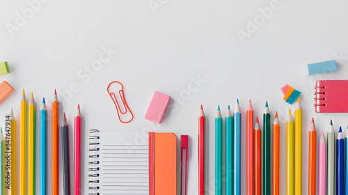 School supplies, stationery, colored pencils, paper on a light background, the concept of "back to school" with space for text, primary education