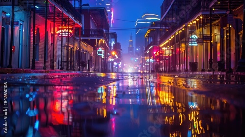 Rain-soaked Bourbon Street in New Orleans after a heavy spring downpour, Colored lights reflecting off the famous street