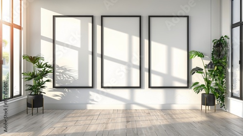 mockup, many black frames, minimalist room, indirect sun light, copy and text space, 16:9
