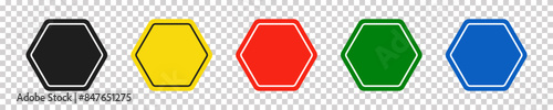 Set of hexagonal black, yellow, red, green and blue road signs. Vector illustration of icons for warning about the situation on the road. Transparent isolated background.