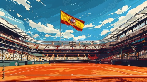 Illustration of a Clay Tennis Court with a Spanish Flag