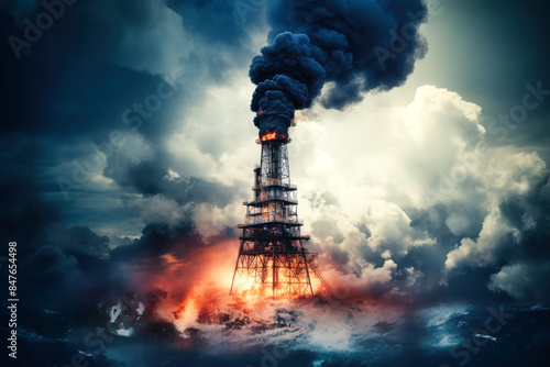 A burning oil rig stands as a grim testament to the environmental devastation caused by resource extraction