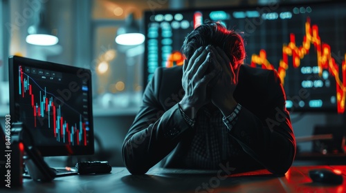 A businessman sits at his desk, hands on his face, staring at a computer screen displaying a stock market graph. He looks stressed and overwhelmed.