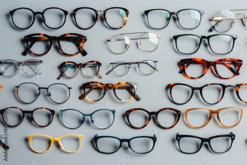Many glasses on light grey background, different eyewear, stylish eyeglasses set flat lay