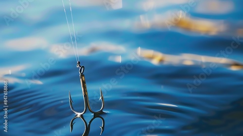 A fishing hook floats on the surface of the water. The hook is made of metal and has three points.
