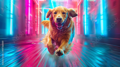 Cybernetic golden retriever dashing through a neon-lit alley, vibrant energy, futuristic background, bright hues, watercolor, Tetradic palette