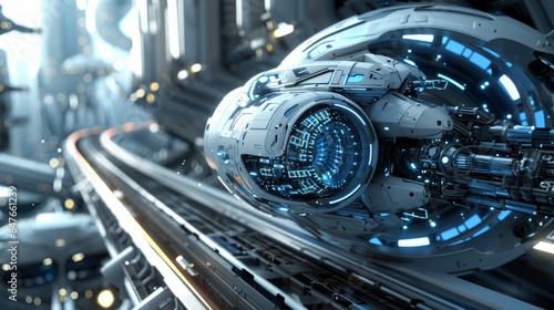 Futuristic spaceship on high-speed transit through a technologically advanced cityscape, showcasing modern innovation and speedy transportation.