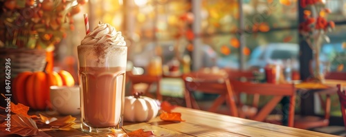 Pumpkin spice latte sipping at a quaint cafÃ©, aromatic flavors and seasonal delight, 4K hyperrealistic photo.