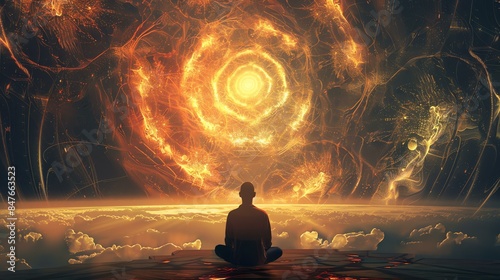 The image is a depiction of a person sitting in a meditative pose in front of a glowing portal.