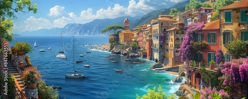 Quaint seaside village overlooking the ocean, 4K hyperrealistic photo