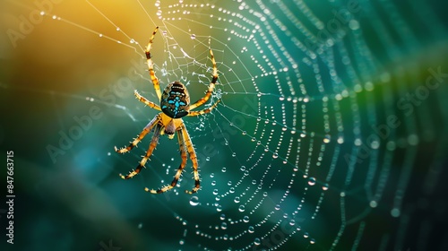 A close-up of a colorful spider on its web with water drops. The spider is in the center of the web, and the web is surrounded by green leaves.