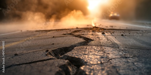 Cracked and damaged road after an earthquake with smoke in the background. Natural disaster aftermath concept. Banner with copy space.