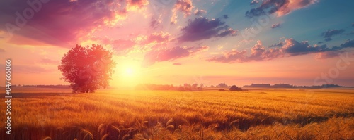 Peaceful rural farmland at sunset, 4K hyperrealistic photo