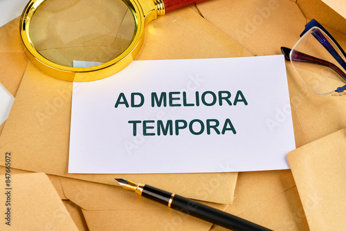 Ad meliora tempora it means in Latin may we meet in better times on a blank sheet near a pen, magnifying glass and glasses