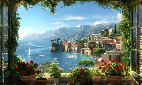 a Mediterranean view from an open window, with lush greenery and flowers cascading down the window sill and a panoramic ocean vista stretching out beyond.
